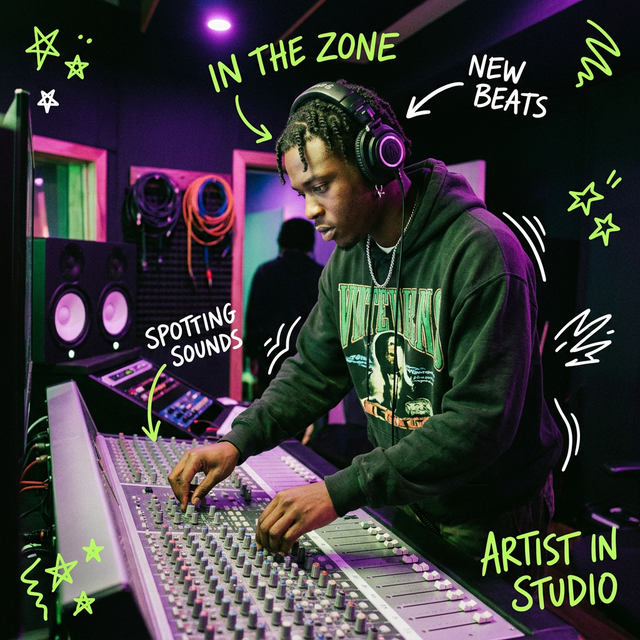 Artist in studio with Spotify editorial style doodle overlays