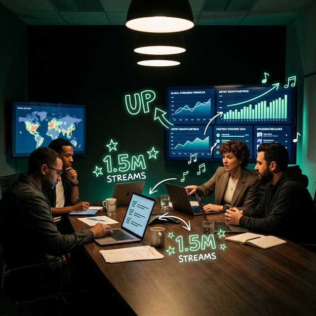 Team strategizing in boardroom with streaming data