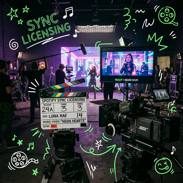 Film set with music sync licensing in action
