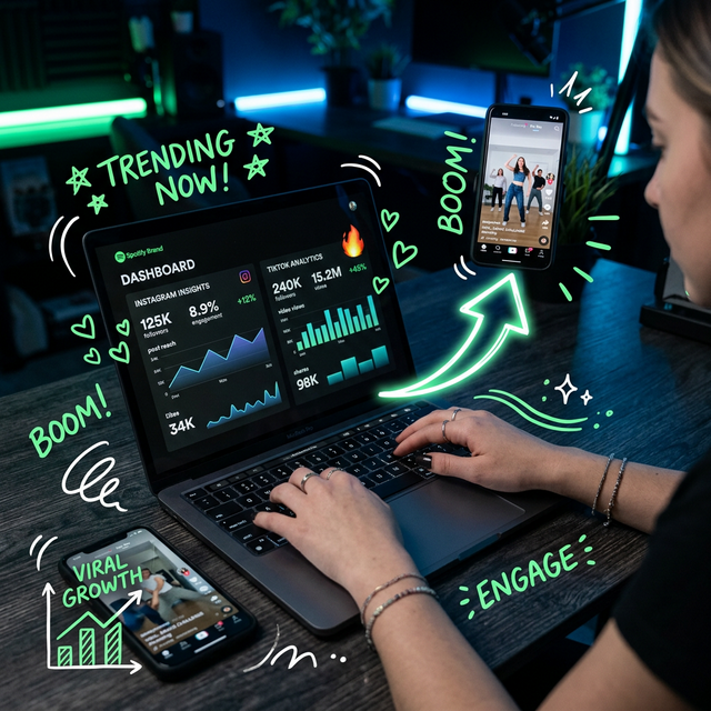 Social media dashboard showing Instagram and TikTok analytics