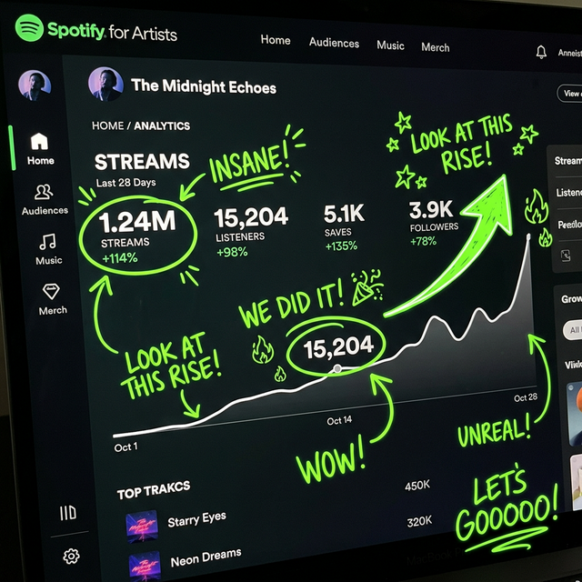 Spotify for Artists dashboard showing 1.24M streams growth